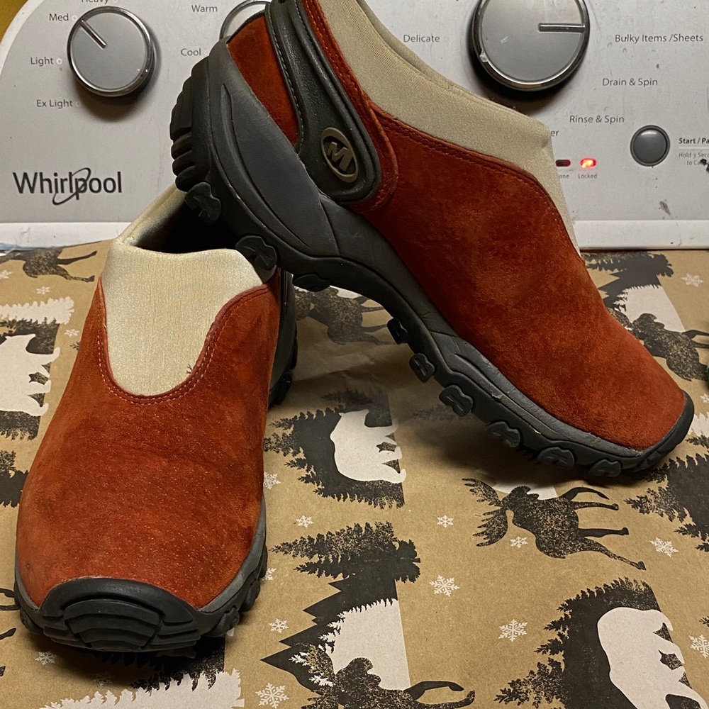 Merrell Womens Red and Cream Slip-On Suede Shoes.